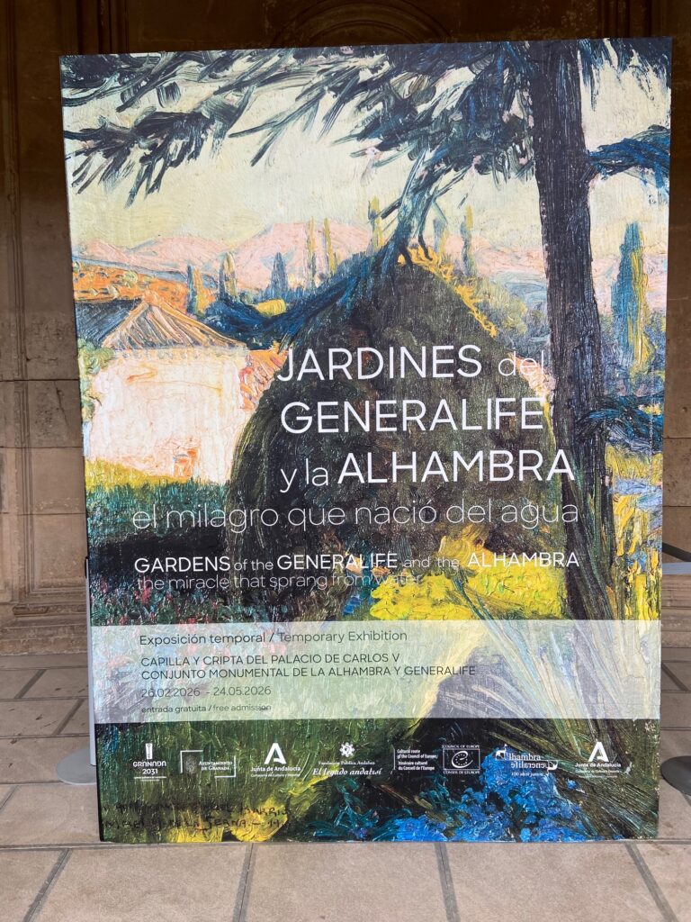 cartel de la exposición Jardines del Generalife y la Alhambra en el Palacio de Carlos V en Granada