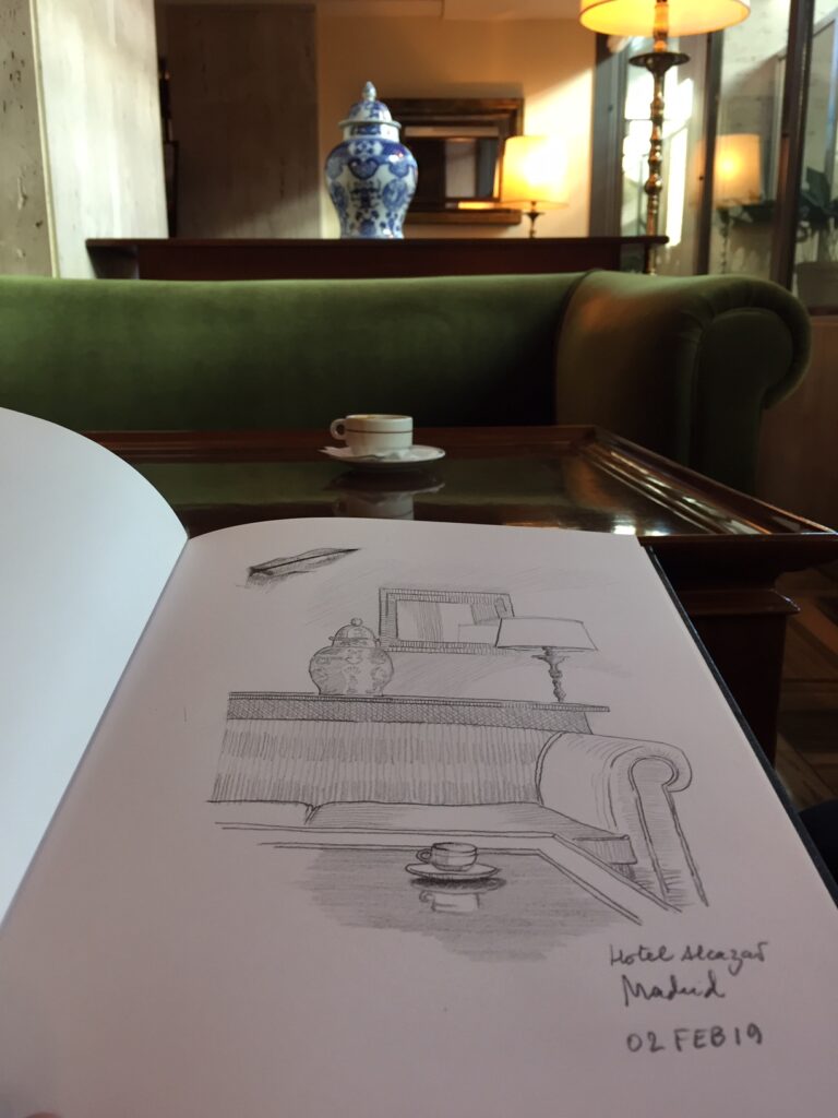 Recepción de hotel en Madrid, dibujo a lápiz de José Crespo, 30 × 21 cm. Select 79 more words to run Humanizer.