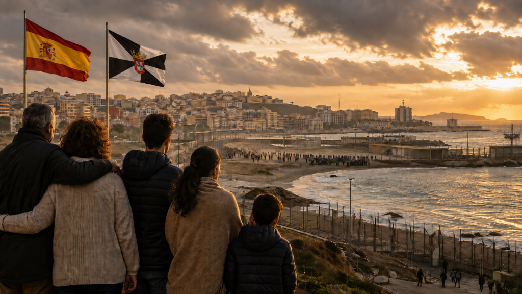 Vista de Ceuta al atardecer con las banderas de España y Ceuta y una familia contemplando la ciudad