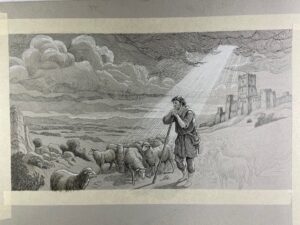 Dibujo a tinta de un pastor con un rebaño de ovejas ante un paisaje amurallado